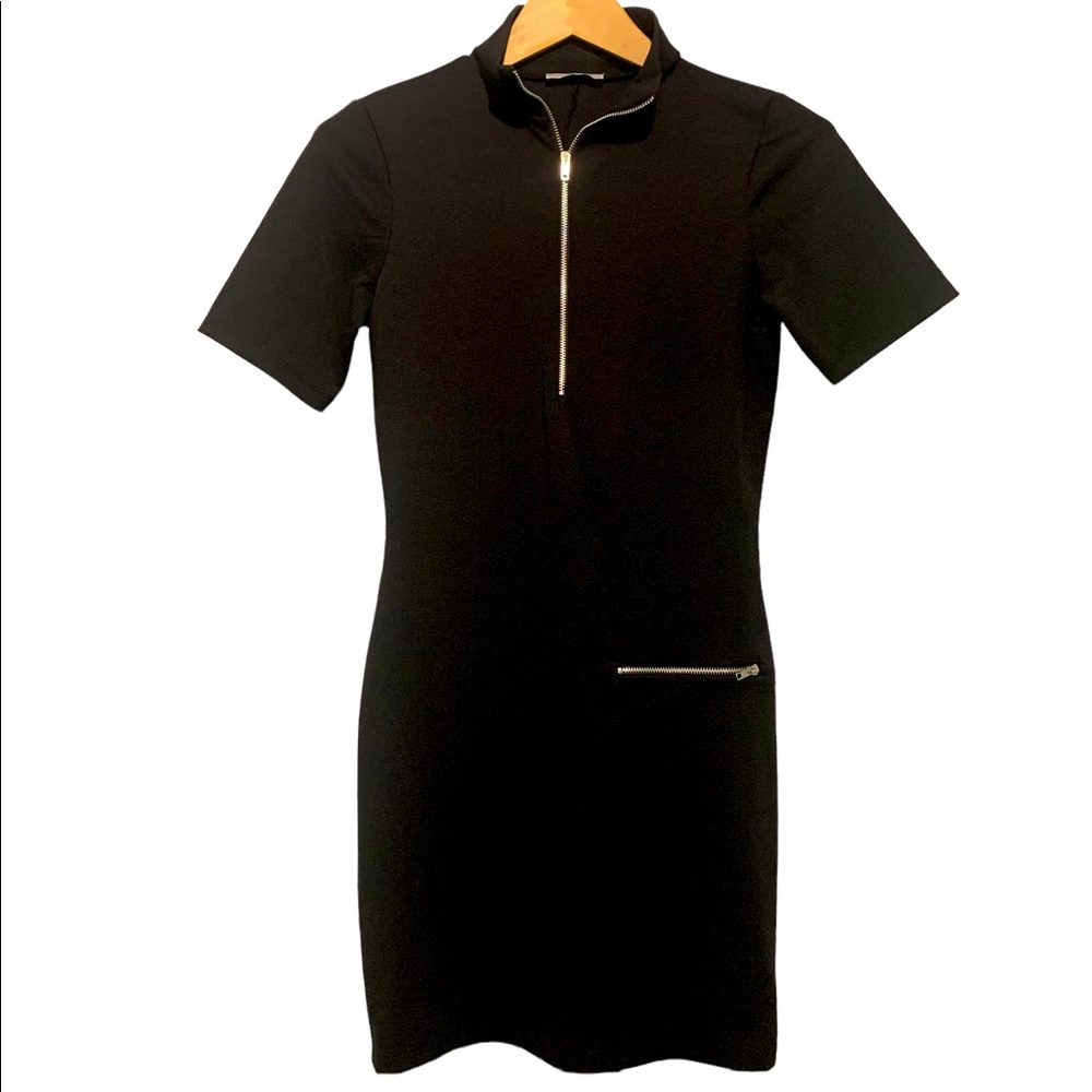 Zara Knit Mini Dress Zip Mock Neck Black